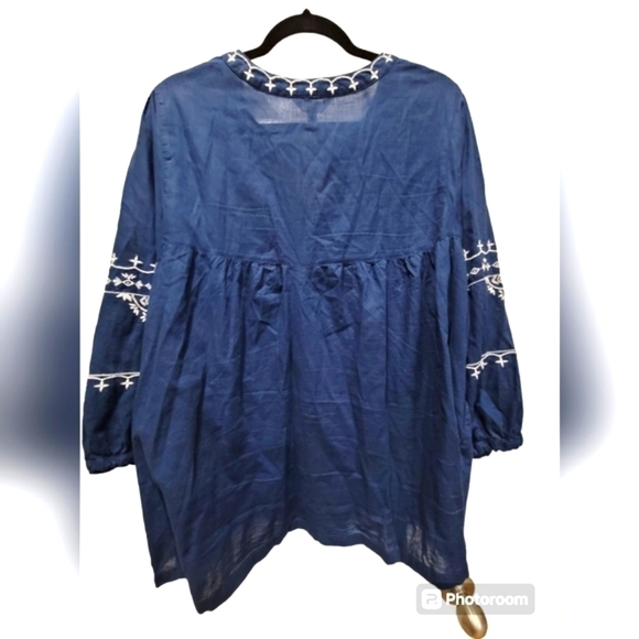 Size 20 Navy Blue Embroidered Tassle Sleeve V Neck Blouse - Picture 2 of 6